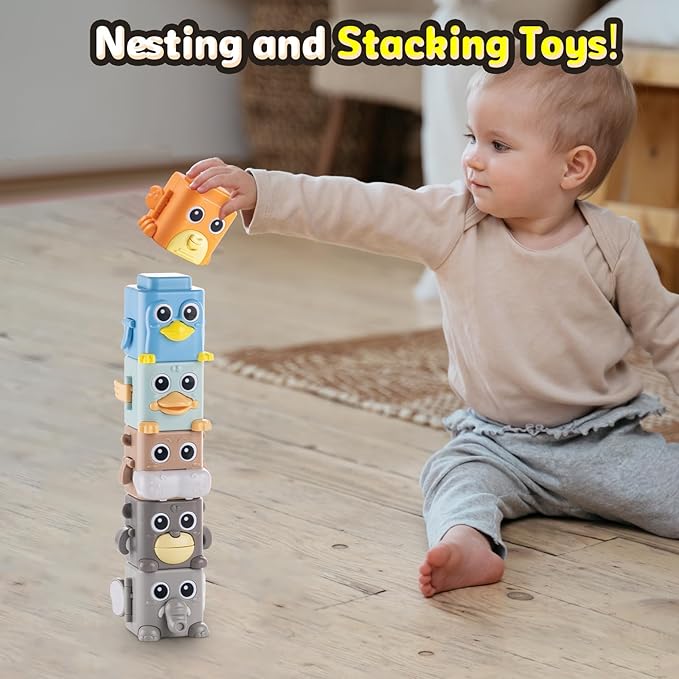 Stacking Toys for Toddlers, 6 Pcs Cause and Effect Toys Animal Push Game, Sensory Montessori Fine Motor Skills Fidget Toys for Ages 2 3 4 5 6 Year Old Boys Girls Kids Birthday Gifts