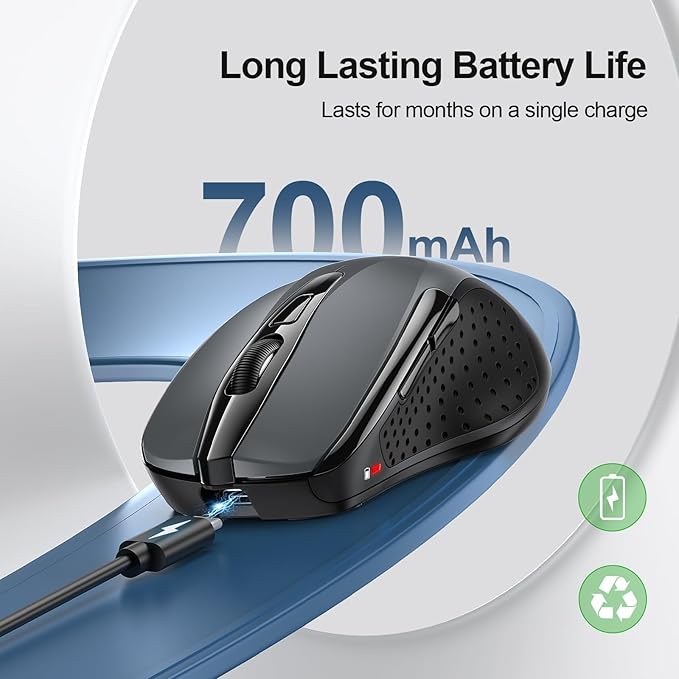 TECKNET Wireless Mouse (BT5.0/3.0 & 2.4G) Rechargeable 4800 DPI Silent USB A & Bluetooth Mouse 6 Buttons, Wide Compatibility - Grey