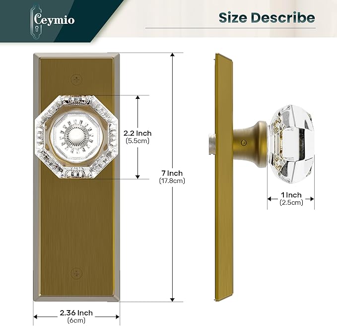 Glass Door Knobs for Interior Doors - Vintage Crystal Passage Closet & Hallway Door Knob - Diamond Cut Door Handle - Antique Brass Finish (1 Pack)