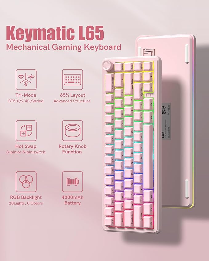 Keymatic 65% Layout Wireless Mechanical Keyboard,Cute Crystal Gaming Keyboard with Knob, Hot Swappable Pre-lubed Switches,Gasket Mounted RGB for Win/Mac,Pink