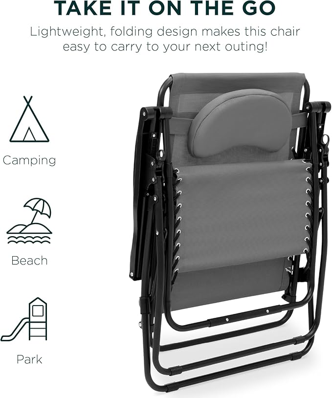 Best Choice Products Oversized Zero Gravity Chair, Folding Outdoor Patio Lounge Recliner w/Cup Holder Accessory Tray, Pillow - Ice Gray