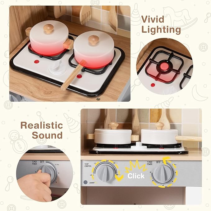 HOMGX Little Chef Toy Kitchen Set, Kids Kitchen Playset w/Microwave, Faucet, Stove, Realistic Light & Sound, Cookware Accessories, Toddlers Cooking Toyset, Gift for Boys Girls Age 3+