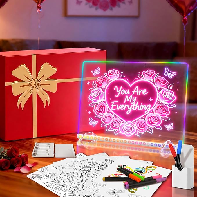 LED Note Board with Colors-Light Up Acrylic Dry Erase Board with 6 Modes & 8 Colors,13.7"X10" Include 7 Markers, Hanging Chain, Battery Case, Led Writing Board with Battery Pack for Home/Office/Decor