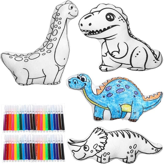 4 Sets Boys Girls Doodle Dolls, Color Your Own Dinosaur Gift Set 4 Coloring Plush Toy Washable Stuffed Animal Drawing DIY Crafts Art 48 Watercolor Pens for Boys Girls 4-10 Years Old