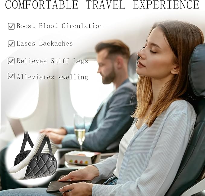 Premium 2-Pack Airplane Foot Hammock with 2 Eye Masks & 2 Earplugs Set - Adjustable Length Foot Rest for Comfortable Plane Travel, Portable Under Desk Flight Foot Leg Sling - Black & Blue