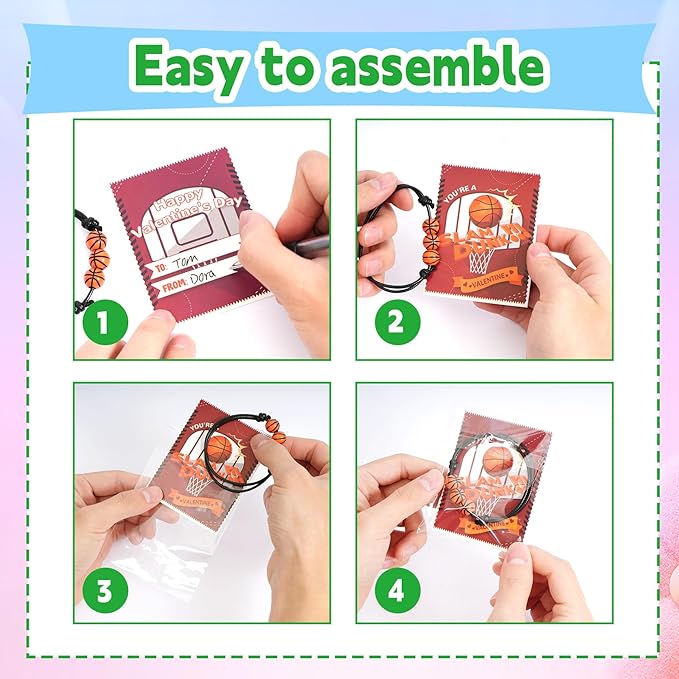 Erweicet Valentines Sports Party Favor 30 PCS Sports Charm Bracelets Adjustable Baseball Soccer Bead Ball Wristbands with Valentines Day Gift Cards for Kids Classroom Gift Exchange