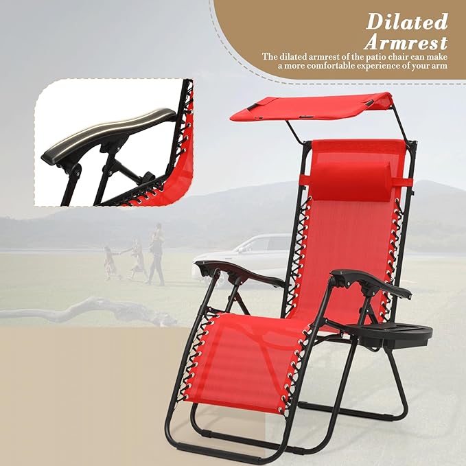 Athena Collection Zero Gravity Outdoor Lounge Chair Set of 2 with Canopy Shade, 25" Width Pool Lounge Lawn Chairs Reclining with Cup Holder, Outdoor Chaise for Beach Patio Outside, Red
