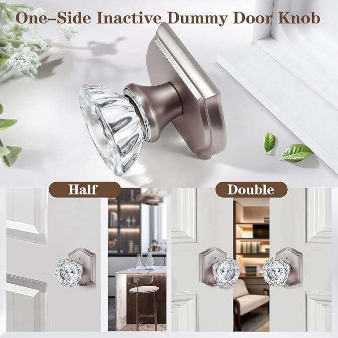 CLCTK 4 Pack Glass Dummy Door Knob, Single Side Dummy Door Knob Set, Brushed Nickel