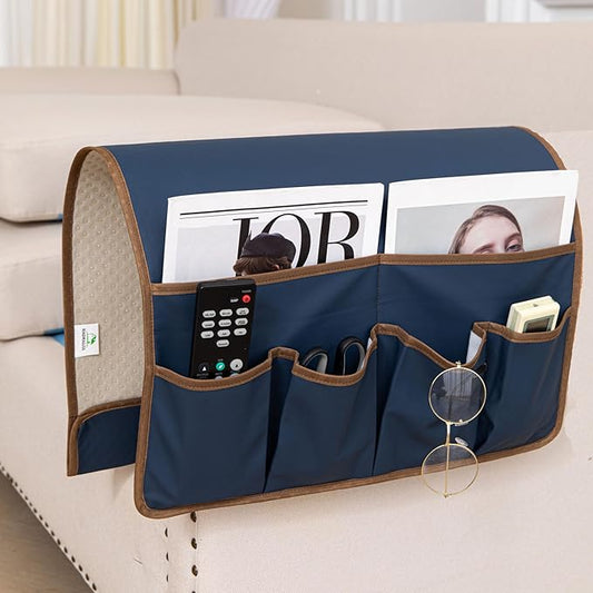 HAOMAIJIA Anti Slip Sofa Armrest Organizer Arm Chair Bedside Caddy Storage Organizer For Recliner Couch With 6 Pockets For Cell Phone Tv Remote Control (Navy Blue, 31.89 inches × 18.5 inches)
