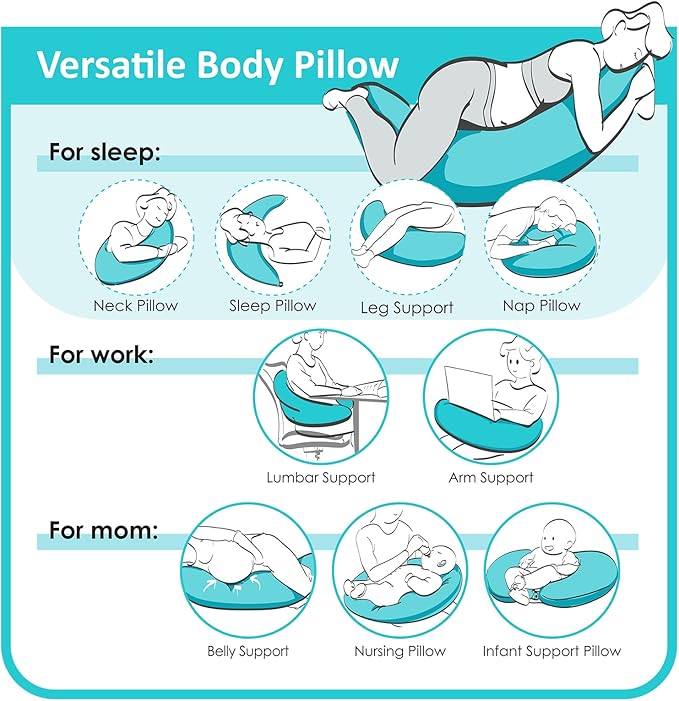 BYRIVER 43" Long C Shaped Body Pillow for Adults Men Women, Side Sleeper Pillow for Neck Shoulder Back Pain Relief, Cooling Post Sugery Pillow Pregnancy Pillow, Blue Black Washable Pillowcase (XL)