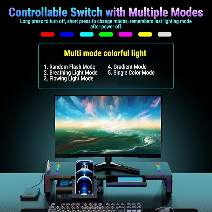 YUEHISY Monitor Stand Riser with 4 USB Ports, Phone Holder & Storage Drawer, Adjustable Foldable Computer Monitor Riser for Laptop, TV, Printer, Speaker