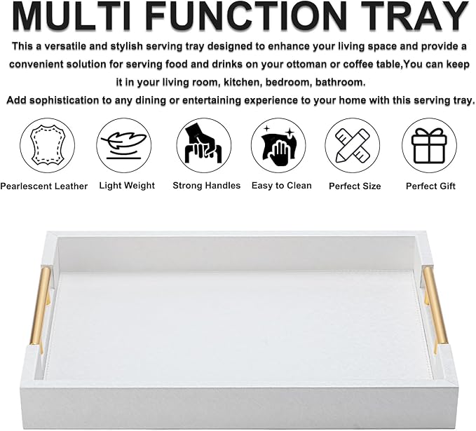 SYYSY White Decorative Tray for Coffee Table, Modern Large Ottoman Tray for Living Room,Drink Coffee Serving Tray