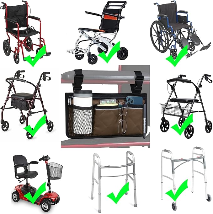 Wheelchair Side Bag, Armrest Storage Pouch with Cup Holder and Reflective Strip for Wheelchairs, Walkers or Rollators (Coffee)