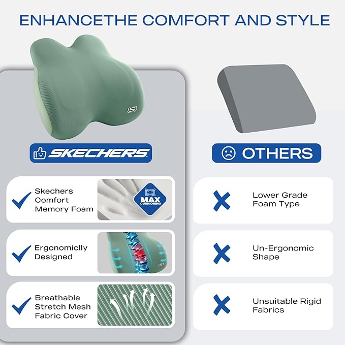 Skechers Women’s Lumbar Pillow, Memory Foam Lumbar Support Pillow for Office,Chair Lower Back Pain Relief Lumbar Pillow,Ergonomic Design Back Support Pillow for Office Chair,Car,Home,Travel,Green