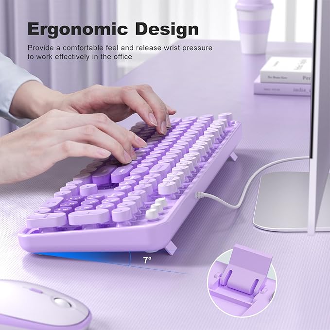 Large Print Keyboard Wired, Full Size Wired Retro Round Keyboard with Foldable Stands, Plug and Play for Laptop and Office PC- Purple Colorful