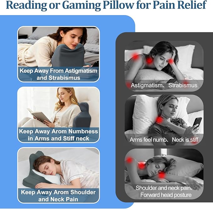Ergonomic Dual Core Reading Pillow: Memory Foam Chin Cervical Support Pillows - Orthopedic Headrest for Side Back Stomach Sleeping - Ice Silk Bedrest Sofa Contour Cushion