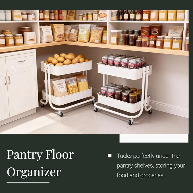 LiWNYRK 2 Tier Under Desk Storage Cart with Wheels Heavy Duty Metal Short Rolling Pantry Storage Cart for Small Space, Utility Trolley for Kitchen Bathroom Laundry Cute Snack Craft Organizer, White