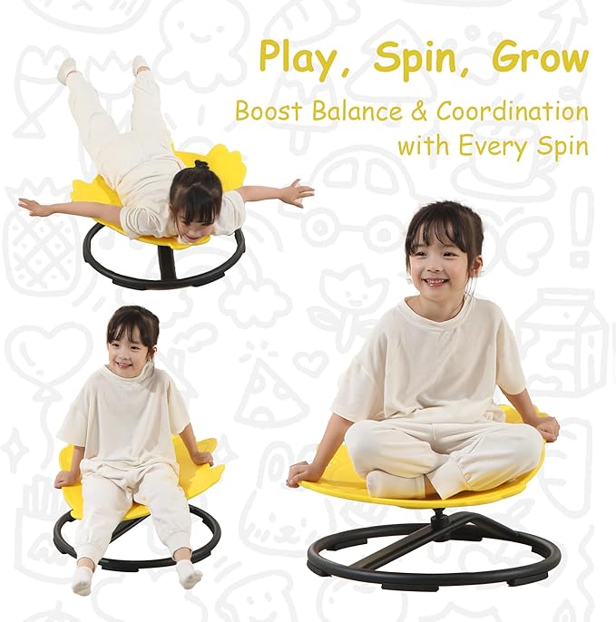 Kids Sensory Swivel Chair - Fish Spinning Chair Seat for Balance, Coordination - Sensory Therapy Stool for Kids with Autism & ADHD - Active Indoor Play Chair for Home & Classroom (Yellow)