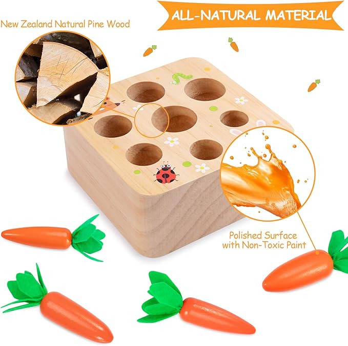 Montessori Toys Baby Easter Toys for Toddlers 1-3 Years Old, Educational Wooden Carrot Toys Shape Size Sorting Matching Puzzle, Great Baby Easter Gifts Birthday Gift Toys