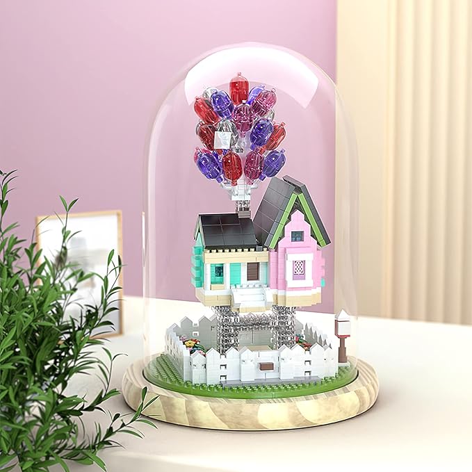 House Building Blocks Kit Toys Set, Miniature 1243 Pcs Micro Bricks Collectible Creative Teen Girl Gifts Age 14 and Up, Dust Cover, Wooden Base Up Balloon Castle Toys DIY Decoration Home