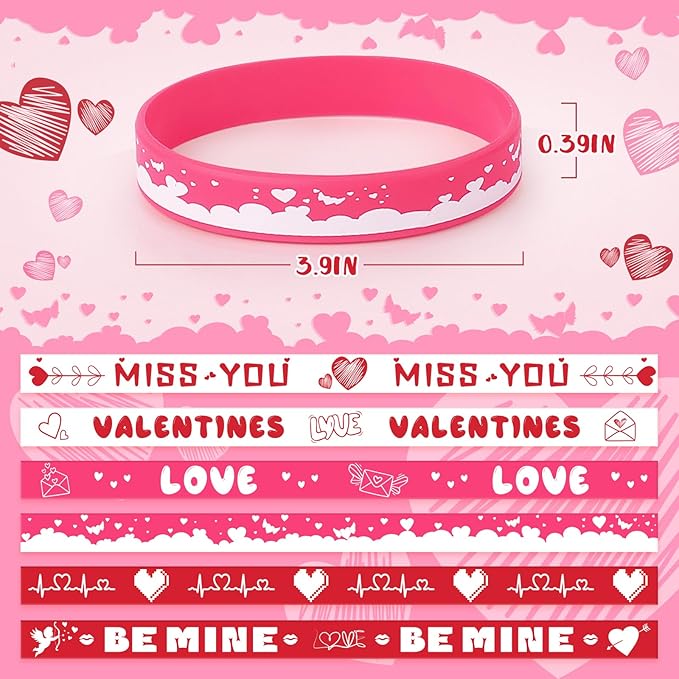 48pcs Valentine's Day Silicone Wristband Happy Valentine's Day Party Favors Pink Red Love Heart Rubber Bracelets Adults Valentine's Day gifts for Kids Classroom Festival Prizes, 6 Designs