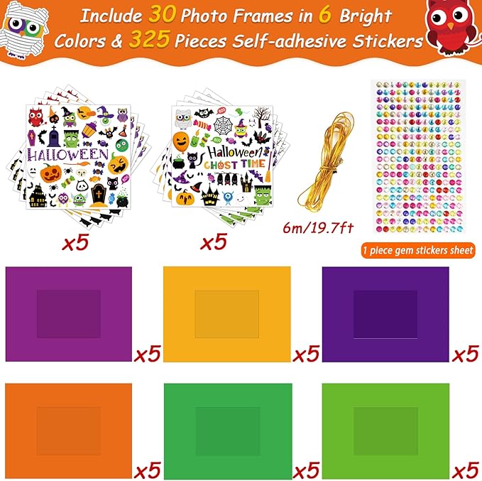 30 Packs Halloween Picture Frame Craft Kits for Kids Halloween DIY Craft Set with Pumpkin Maple Leave Turkey Stickers Home Classroom Indoor Game Activities