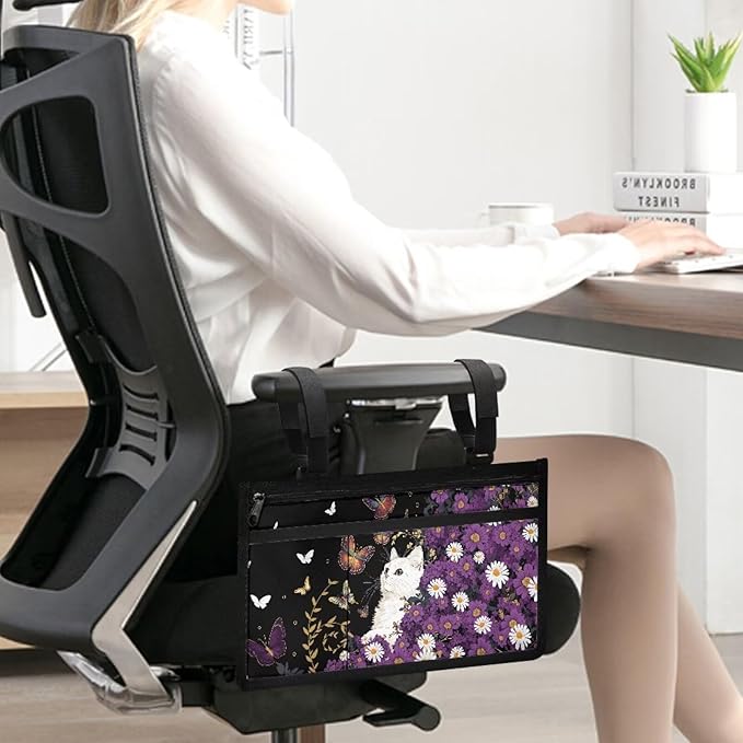 ZOUTAIRONG Purple Daisy Cat Butterfly Wheelchair Side Bag Walker Bag Wheelchair Accessories for Adults Waterproof Armrest Organizer Storage Pouches
