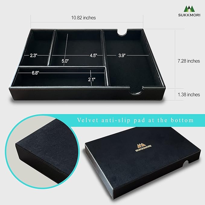 Valet Tray for Men and Women - PU Leather Desktop Organizer with 4 Compartments, Dresser Catchall Tray for Keys, Watch