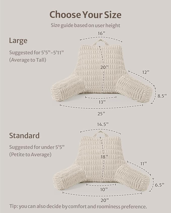 Blissful Diary Reading Pillow, Large Backrest Pillow with Shredded Memory Foam for Adult & Children, Designed for Bed and Couch Sitting Up, Includes Arms, Pockets and Washable Cover, Off White