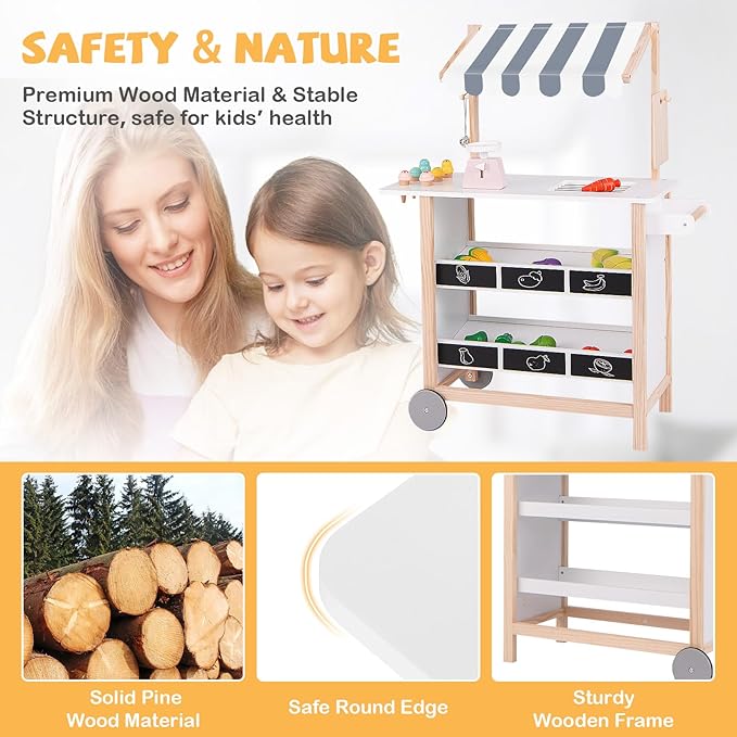 Fireflowery Kids Grocery Store Pretend Play, Wooden Ice Cream Cart w/ 6 Pieces Play Food, Bell, Scale, Toy Grocery Store Playset, Play Store for Kids, Toddlers, Boys, Girls Age 3+ (White Canopy)