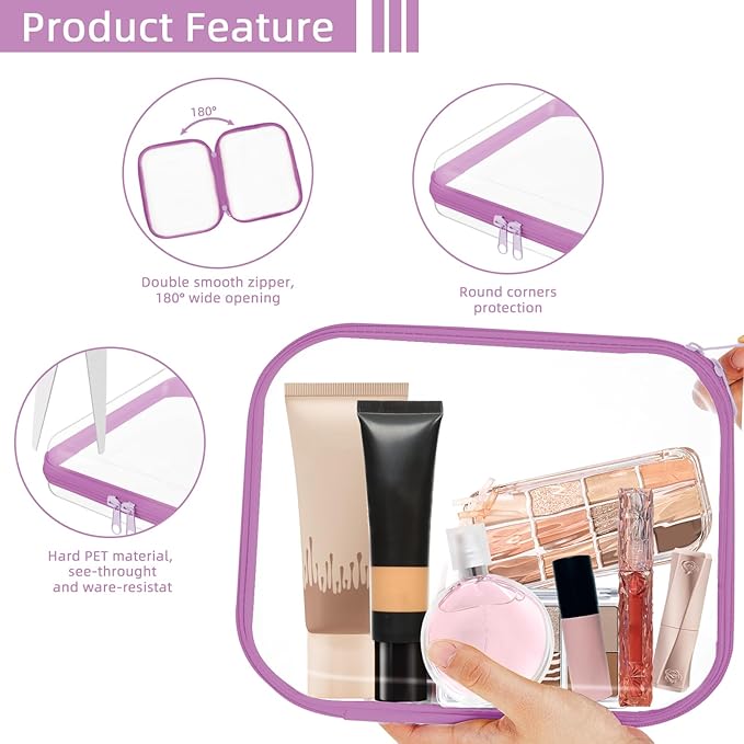 Clear Hard Shell Zipper Case,Clear Toy Storage Pouch,Waterproof Transparent Organizer Comestic Case for Travel, Office, Home(Purple, 3*M)