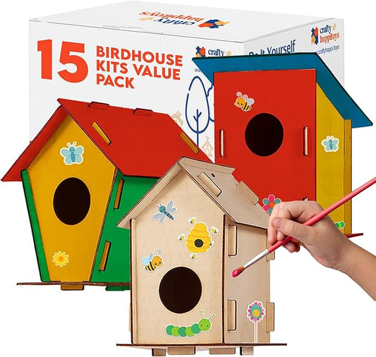 Birdhouse Kit - 15 Unfinished Wood Bird Houses for Children to Paint - Wood Craft Project Kits for Kids - Wooden Arts & Craft for Girls & Boys
