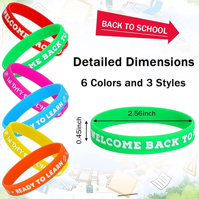 JUNEBRUSHS 42pcs Back to School Party Favors Silicone Bracelets First Day of School Gifts Prize Rubber Wristbands Supplies for School Decorations Accessories Goodie Stuffers Fillers(6 Designs)