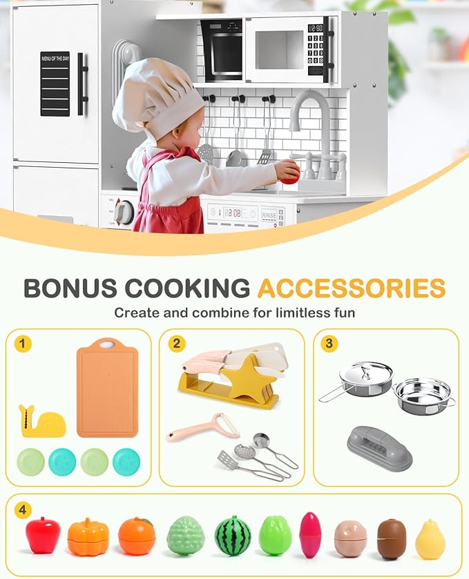 Babytronic Wooden Kitchen Playset for Kids, Interactive Play Kitchen with Lights & Sounds, Children Pretend Toy Kitchen Set with Faucet, Oven, Microwave, Kitchenware for Toddlers Ages 3+ (White)