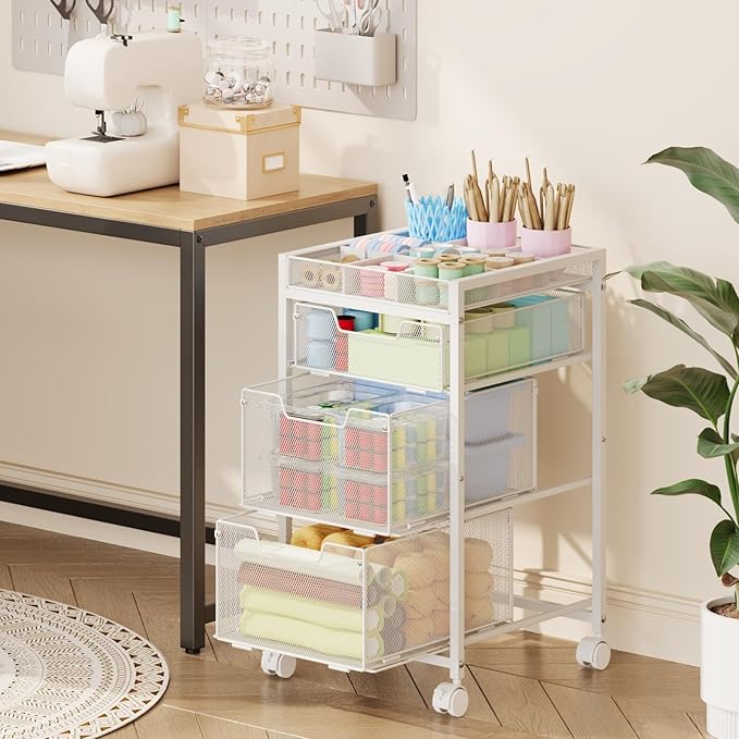 Rolling Utility Cart with 3 Drawers, Craft Organizer and Storage with DIY Divider, Lockable Wheels, Multi-Functional Storage for Art Supplies, Store for Brushes & Paints & Artifacts,White