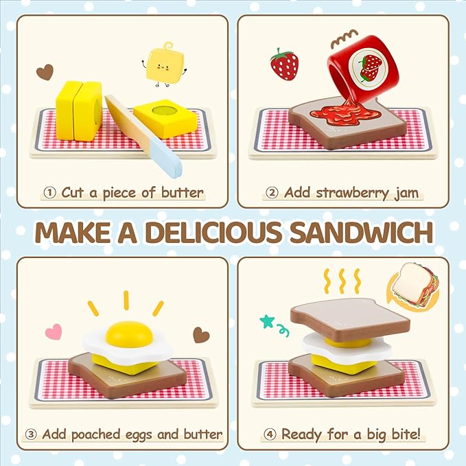 Airlab Play Kitchen Accessories Toddlers 1-3 Wooden Pop-up Toaster Toy Play Food Kids Age 1 2 3, Bread, Butter, Poached Egg Cutting Pretend Toys for 2-4 Year Old Toddlers Boys Girls