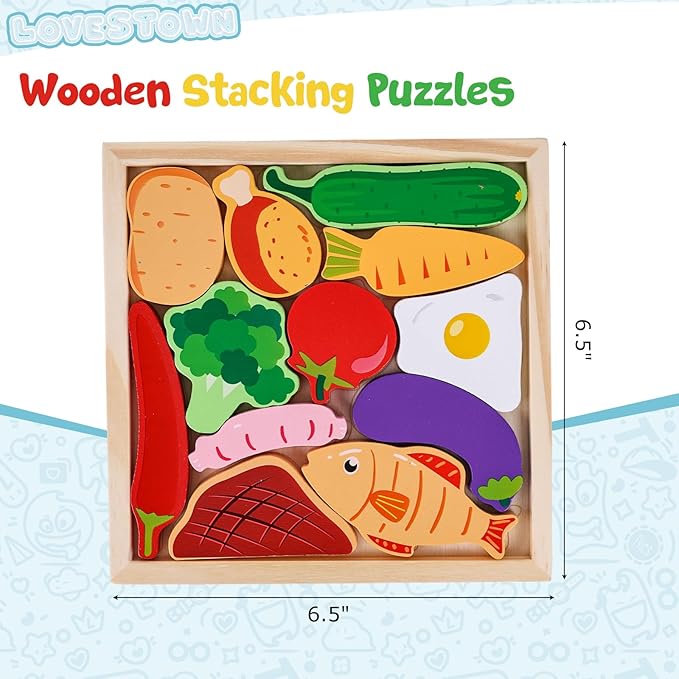 LovesTown 12PCS Wooden Food Stacking Puzzles, Chunky Jigsaw Puzzles, Montessori Toys Educational Preschool Activities Fine Motor Toys for Kids