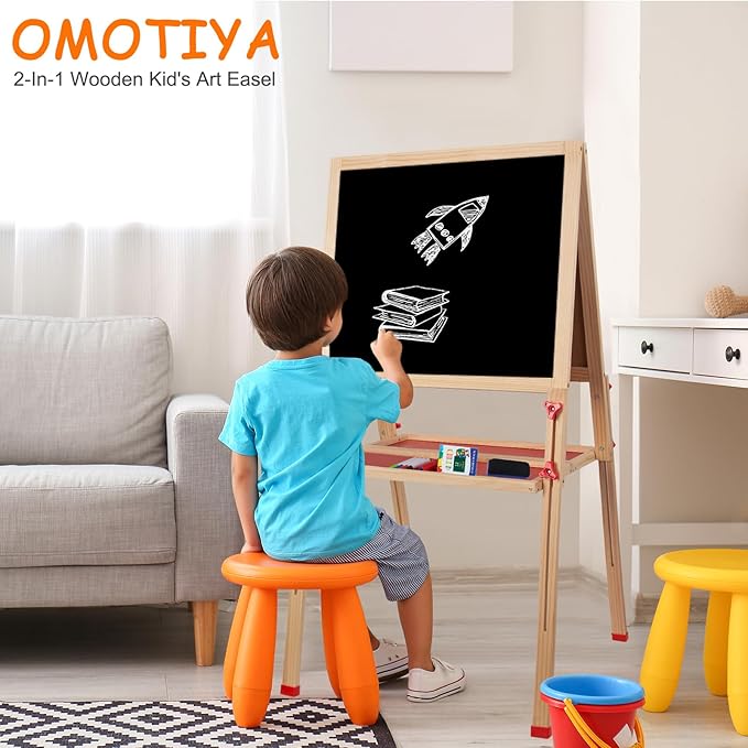 Adjustable Wooden Easel for Kids, Foldable Standing Art Easel for 3, 4, 5, 6, 7, 8 Years Old with Accessories, Drawing Painting Gifts for Boys & Girls Toddlers, Great Presents for Birthday