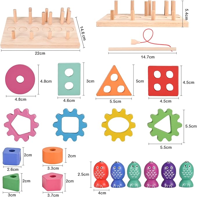 Montessori Toys for 3 4 5 Years Old Toddlers, Wooden Sorting & Stacking Toys, Shape Sorter and Color Stacker Preschool Kids Gifts, 3-in-1 Educational Toy Gift for Baby Boys Girls