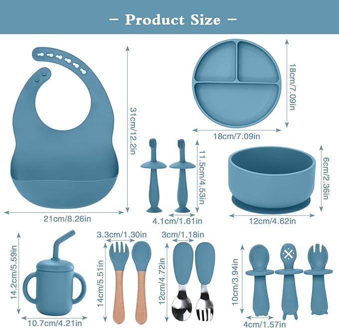 Silicone Baby Feeding Set,13PCS Baby Feeding Essentials with Suction Bowl and Plate,Spoons & Forks,Bib & Cup,Baby Toothbrush,Baby Led Weaning Supplies for 6+ Months,Baby Eating Essentials (Blue)