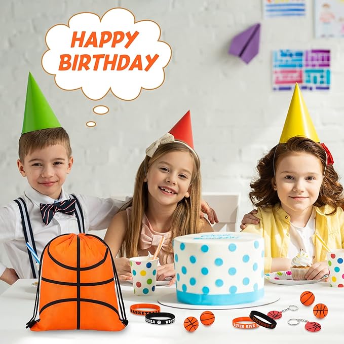LEIFIDE 48 Pcs Basketball Soccer Football Baseball Party Favors Supplies 12 Silicone Bracelet 12 Drawstring Treat Bag 12 Mini Stress Ball 12 Keychains for Birthday Sports Party Supplies(Basketball)