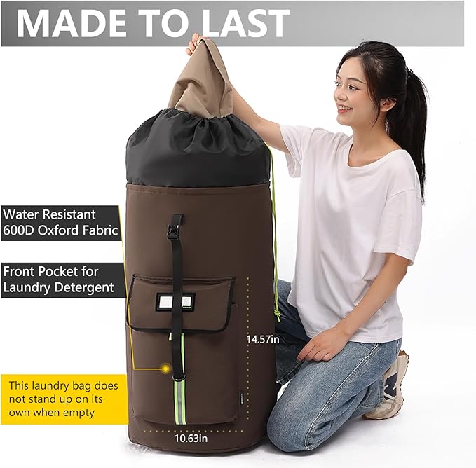 SUOVOCK laundry bag backpack,extra-large heavy duty laundry bags,laundry backpack for college students,drawstring closure (Brown)