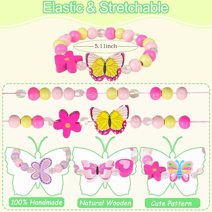Butterfly Bracelets for Kids Girls - Princess Birthday Gifts Party Favors Goodies Bag Stuffers Fillers, Wooden Beaded Play Jewelry Bracelets Cute Butterflies Flowers Pendants