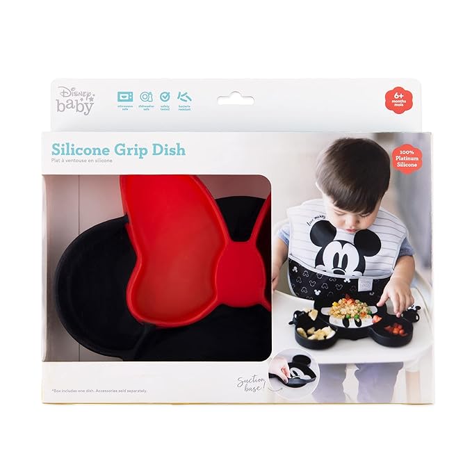 Bumkins Disney Toddler and Baby Suction Plate, Silicone Grip Dish, Baby Led Weaning, Kids Feeding Supplies, Non Skid Sticky Bottom, Platinum Silicone, for Children Ages 6 Months Up, Minnie Mouse