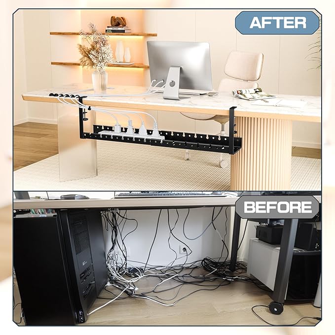 Shikha Under Desk Cable Tray, 15.7"-30.7" Retractable Under Desk Cable Management, No Drilling Cord Organizer with Clamp, Wire Management for Home Office -Black