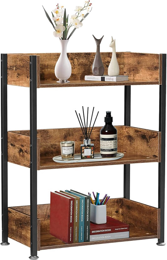 VECELO Bookshelf,Small Bookcase,3-Tier Storage Shelves,Industrial Shelving Unit for Living Room,Bedroom,Classroom,Antique Brown