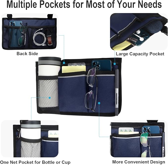 Wheelchair Side Bag, Armrest Storage Pouch with Cup Holder and Reflective Strip Use of Waterproof Fabric, for Most Wheelchairs, Walkers or Rollators (Blue)