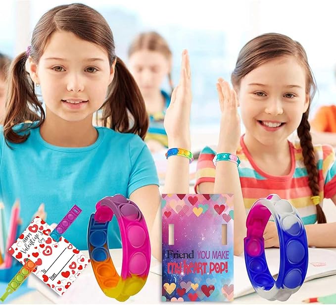 30 Pack Valentines Day Gift Cards for Kids Classroom, Pop Fidget Bracelets Stress Relief Sensory Toy School Classroom Gifts Exchange Valentines Party Favors