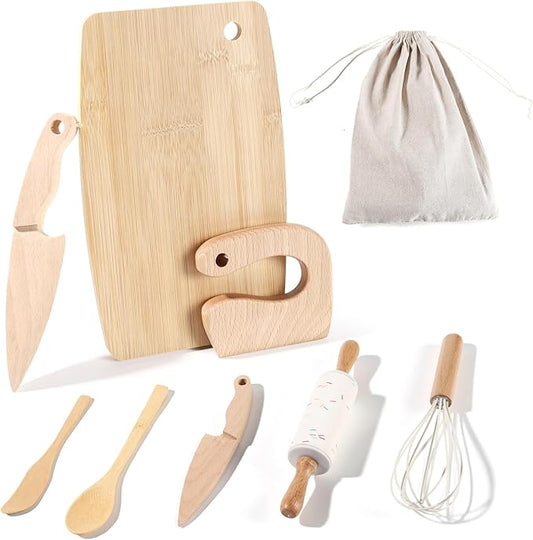 Kids Knife Set for Real Cooking, 8 PCs Kids Cooking Sets for Little Chef, Nature Wood Utensil