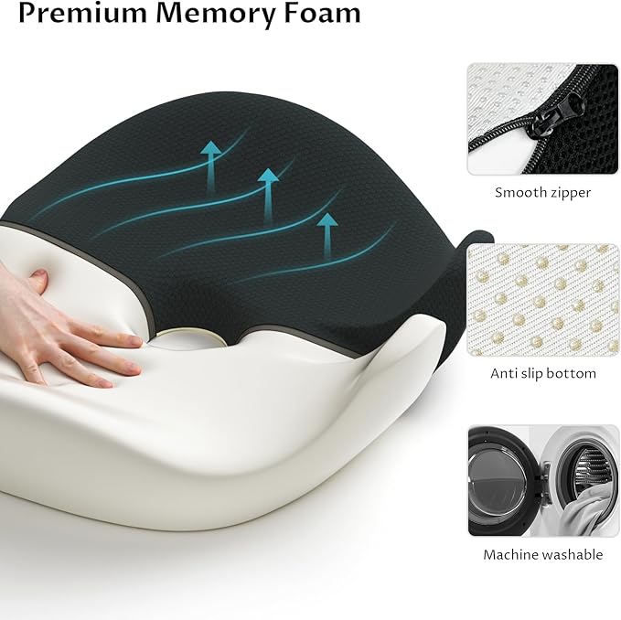 Ryoko Seat Cushion, X Large Memory Seat Cushion for Office Chairs, Car Seat, Airplane, Wheelchair, Pressure Relief Sciatica and Tailbone Pain Relief for Long Sitting Office Workers, Car Drivers